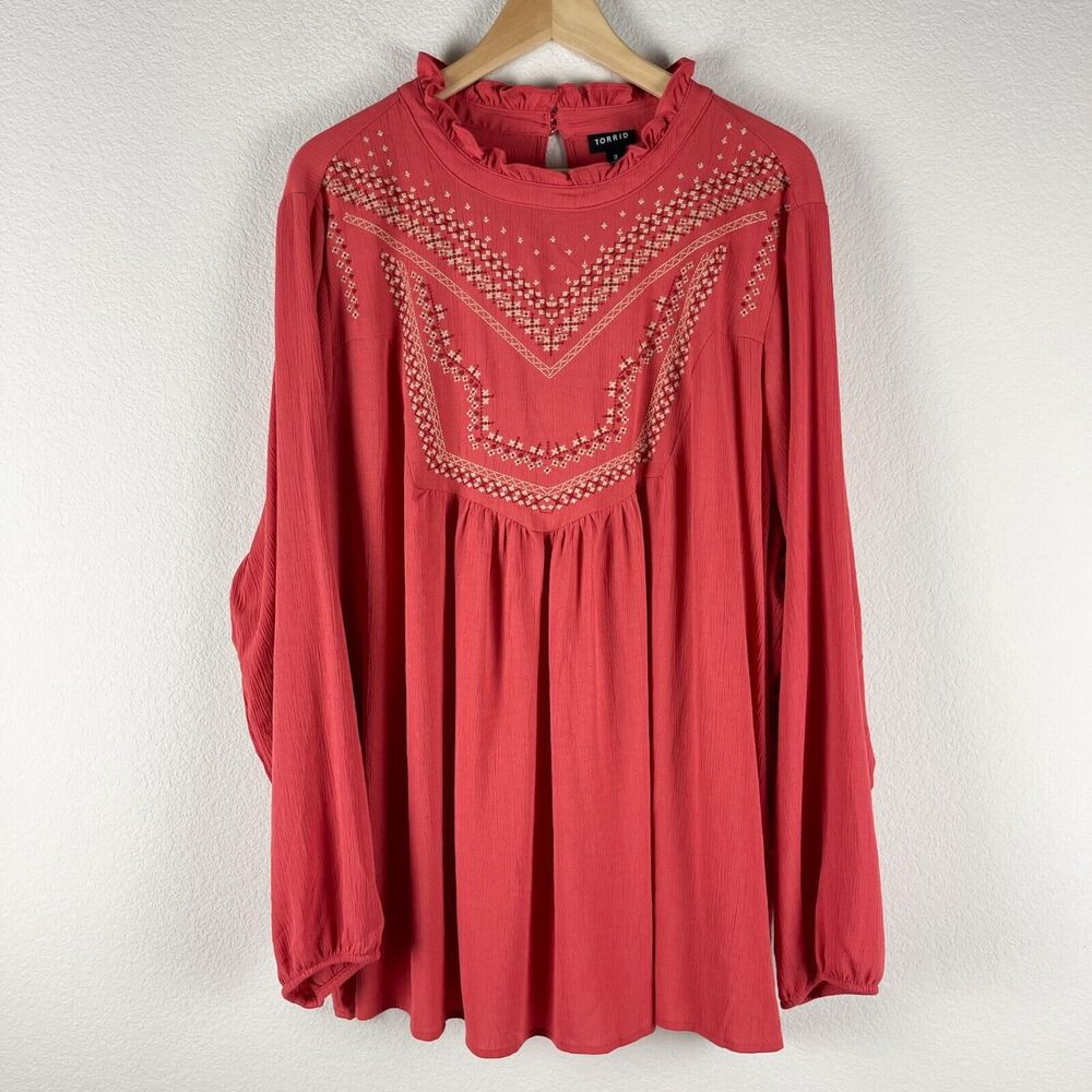 Torrid Embroidered Top Womens 3X Coral Blouse Ruffle Gauzy Boho Crinkle